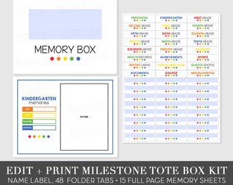 Full Page Memory Box Kit, Memory Box Labels Stickers, Editable PDF Milestone Tote Labels, Kids School File Box, DIY Baby Memory Box Kit