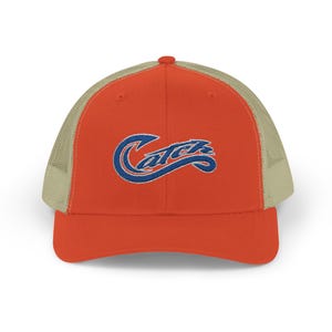 Snapback-pet met catch-scriptlogo | Oranje voorkant, lichtbruine mesh truckerhoed