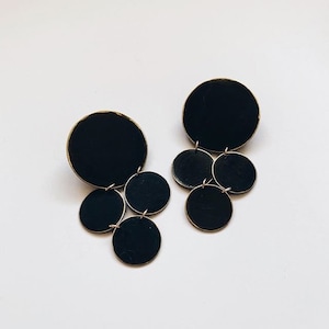 Layered  Dangle Earrings - Moon Circle Drops - Black and Gold Jewelry - Large Statement Earring