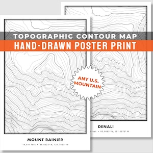 Topographic Mountain Map Print, Summit Elevation Poster, Hiking Gift, Custom Mountain Wall Decor, Topo Art Poster, Any U.S. Mountain or Peak