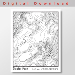 Glacier Peak Topographic Map Poster,  DIGITAL DOWNLOAD, Contour Map of Glacier Peak in the PNW Cascade Mountain Range, White Background