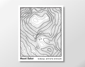 Mount Baker Topographic Map Poster,  Black Lines on White Background, Contour Map of Mt Baker in the Pacific NW Cascade Mountain Range