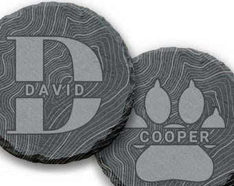 Monogrammed Circle Slate Coasters, Topographic Mountain Decor, Personalized Gift for Hiker, Father&#39;s Day Gift, Housewarming Gift, Set of 4