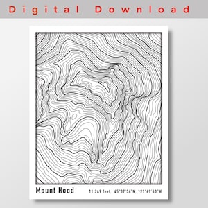 Mount Hood topografische kaart poster, digitale DOWNLOAD, contourkaart van Mt Hood in de Pacific NW Cascade Mountain Range, witte achtergrond