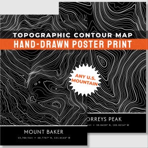 Topographic Mountain Summit Map, Topo Elevation Poster, Hiking Gift, Custom Mountain Wall Decor, Topo Art Print, Any U.S. Mountain or Peak