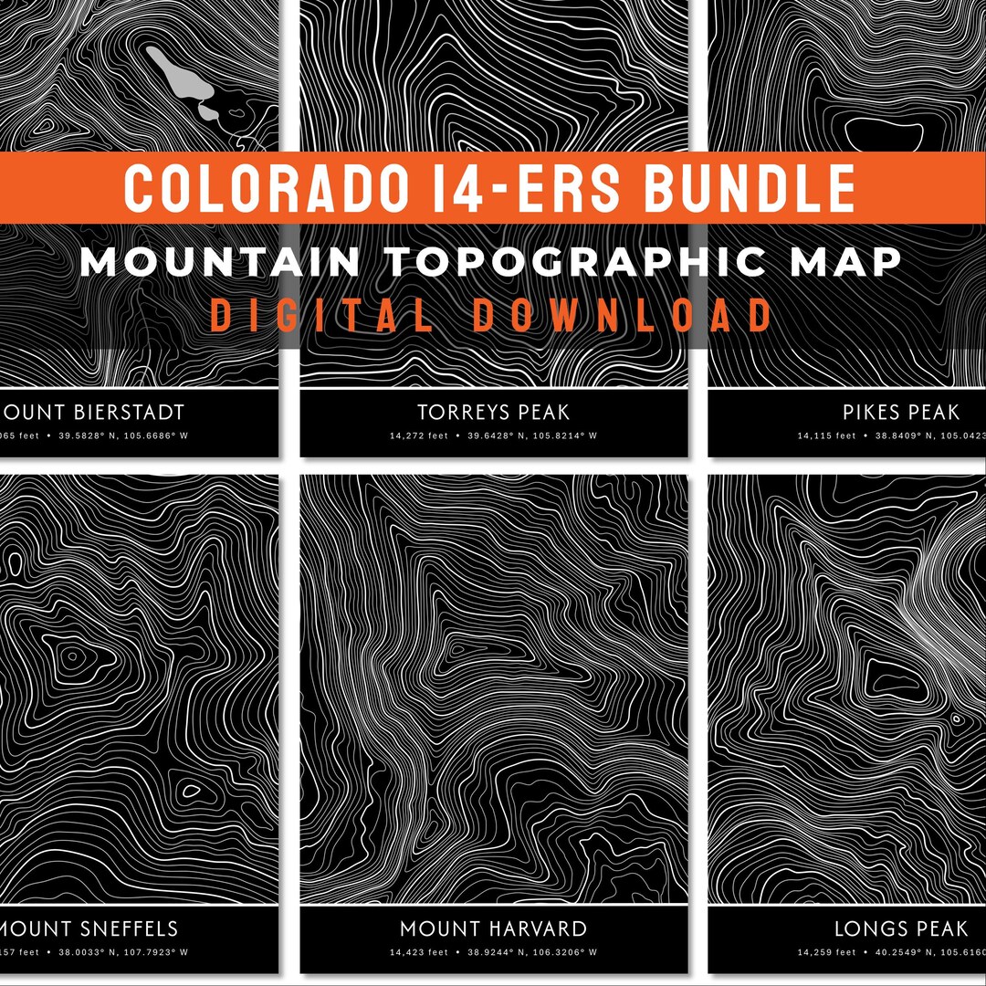 Colorado 14er Mountain Bundle, Digital Art Download, Topographic ...