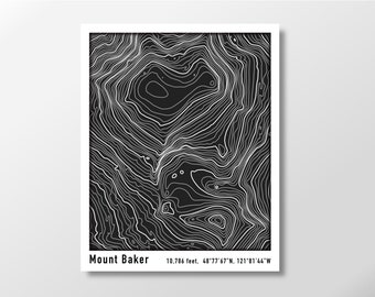 Mount Baker Topographic Map Poster, White Lines on Black Background, Contour Map of Mt Baker in the Pacific NW Cascade Mountain Range