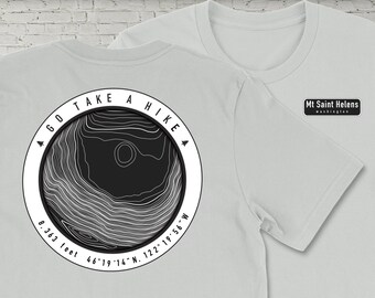 Mount Saint Helens two Sided Tshirt featuring a Round Topographic Map on Back and Mountain Name on Front, Pacific NW Cascade Mountain Range