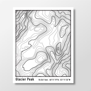 Glacier Peak Topographic Map Poster,  Black Lines on White Background, Contour Map of Glacier Peak in the PNW Cascade Mountain Range