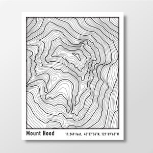 May include: A black and white topographic map of Mount Hood, Oregon. The map shows the elevation contours of the mountain, with the highest point being 11,249 feet. The coordinates of Mount Hood are 45°37′36″N, 121°69′60″W.
