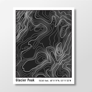 Glacier Peak Topographic Map Poster, White Lines on Black Background, Contour Map of Glacier Peak in the PNW Cascade Mountain Range