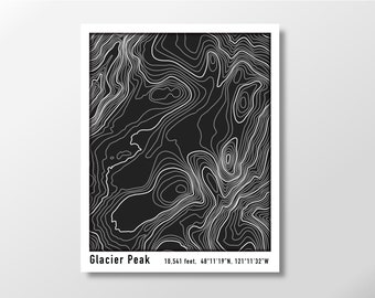 Glacier Peak Topographic Map Poster, White Lines on Black Background, Contour Map of Glacier Peak in the PNW Cascade Mountain Range