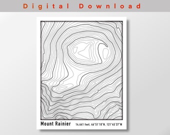 Mount Rainier Topographic Map Poster, DIGITAL DOWNLOAD, Contour Map of Mt Rainier in the PNW Cascade Mountain Range, White Background
