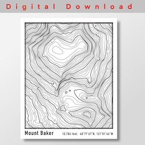 Mount Baker topografische kaart poster, digitale DOWNLOAD, contourkaart van Mt Baker in de Pacific NW Cascade Mountain Range, witte achtergrond