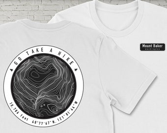 Mount Baker two Sided Tshirt featuring a Round Topographic Map on Back and Mountain Name on Front, Pacific Northwest Cascade Mountain Range