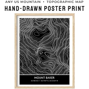 Mount Baker Topo Map, Washington Summit Topography Poster, Custom Mountain Art, Personalized Hiking Gift, PNW Décor, Any Mountain or Peak