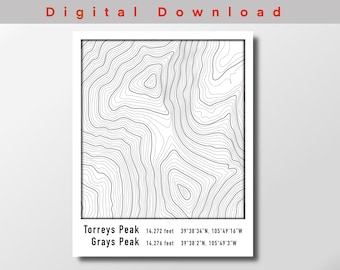 Torreys Peak and Grays Peak Topographic Map Poster, DIGITAL DOWNLOAD, Contour Map