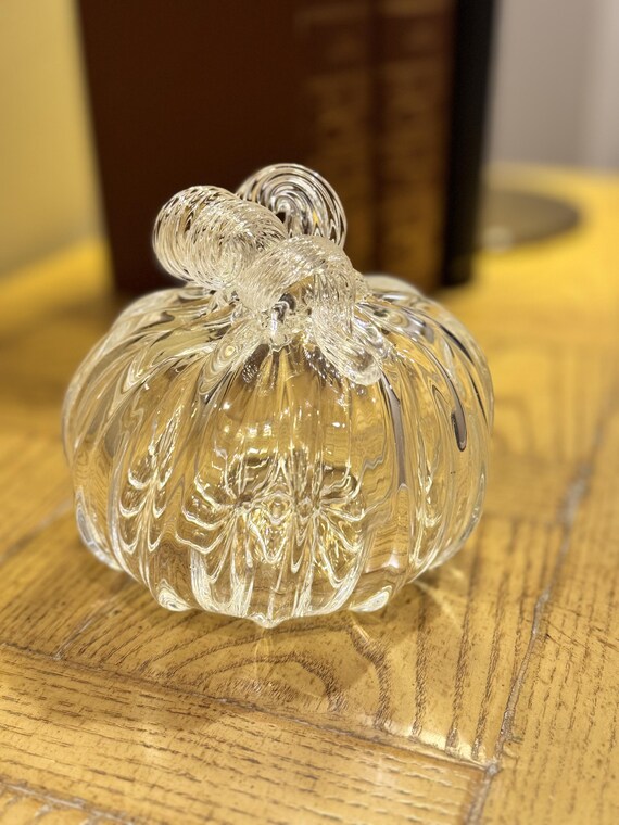 Clear Hand Blown Glass Pumpkin with Curled Stem | Handmade Art Glass Sculpture | Elegant Fall Decor | One of a Kind Pump