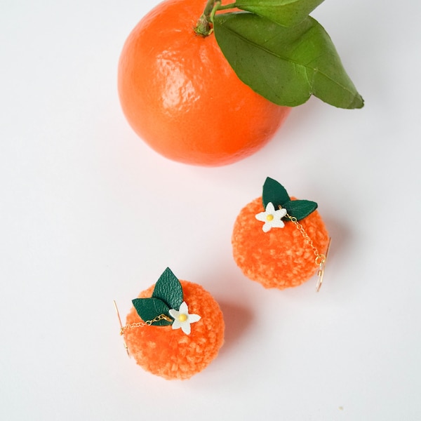 Lunar New Year Mandarin Orange Pom Pom Earrings