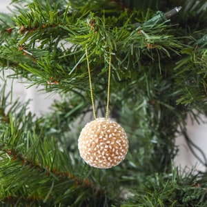May include: A beige and white pom-pom ornament with a gold string hanging from a Christmas tree.