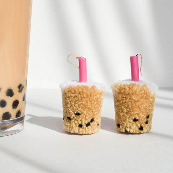 Boba Milk Tea Bubble Tea Pom Pom Earrings With Pink Straws Etsy