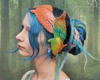 Knitted Leaf Headband, Colorful Elven Hair Accessory