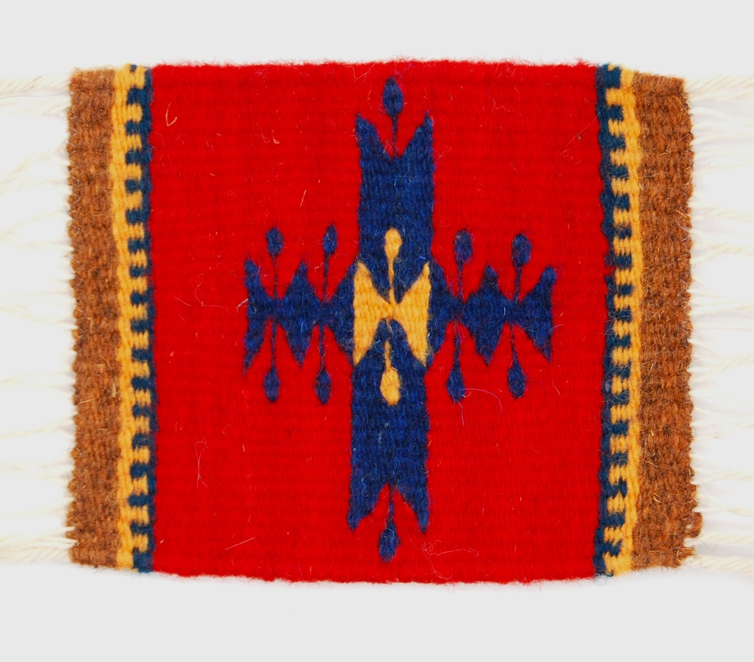 Mini Mexican Zapotec Rug Red Weaving Coaster Decor Wool Etsy