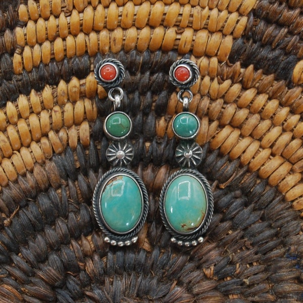 Southwest Sterling Earrings Turquoise Red Coral Unsigned Pierced Dangle 1.75" L