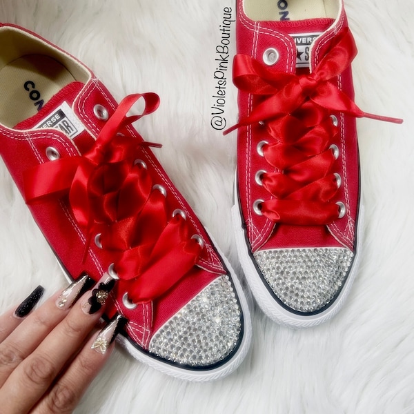 Bling Women's Red Converse With Satin Ribbon Laces