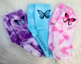 Tie Dye Butterfly Socks Pink, Purple, Blue Tie Dye Custom Butterfly Socks- Gift Ideas  On Sale Gift Ideas
