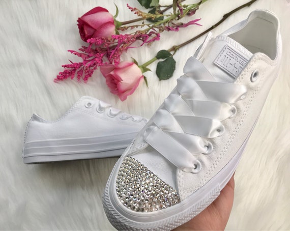 Bling Converse With Swarovski Crystals women's custom chucks with white satin ribbon laces