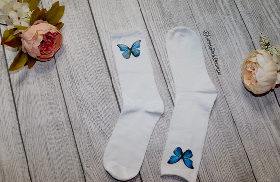 Custom Blue Butterfly Women’s White Socks