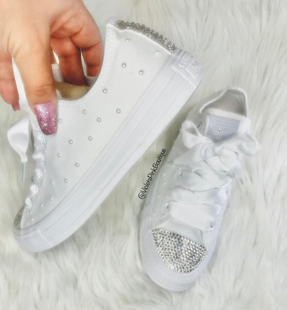 Swarovski Crystal CONVERSE Bling Women's Wedding shoes with white pearls