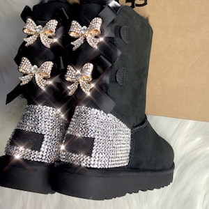 Ready To Ship Women&#39;s Bling Ugg Custom Bailey Bow Ugg Boots With Swarovski Crystal Bows-