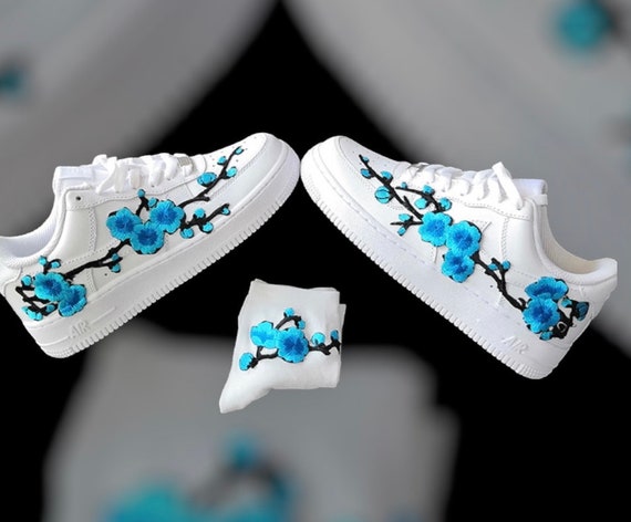 Custom Nike Air Force 1 Blue Cherry Blossoms Women's Custom Sneakers FREE Matching Socks