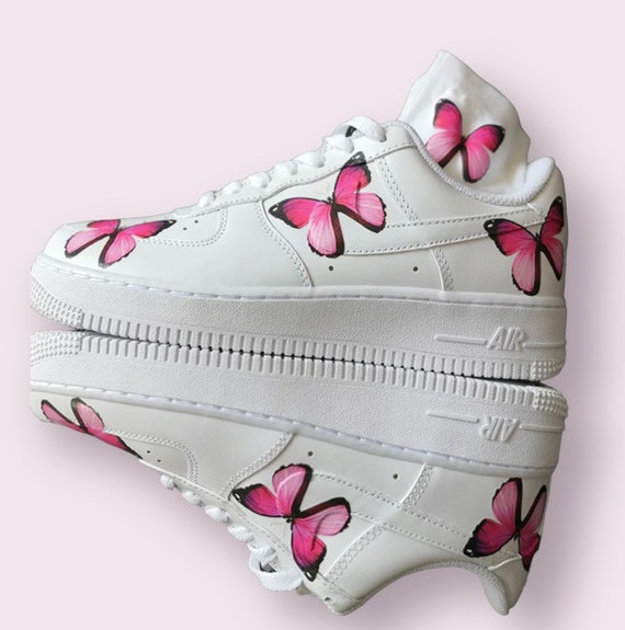 Custom Nike Air Force 1 Pink Butterflies Women's Custom Sneakers FREE Matching Socks