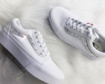 Kundenspezifische Swarovski Kristall-weiße Vans-Platform-Turnschuhe: Brautbling-Schuhe
