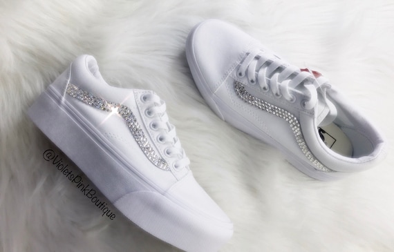 Women's Custom White Vans With Swarovski Crystals Bling Platform Shoes