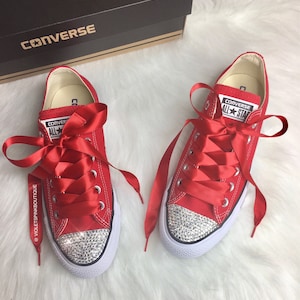 Bling Custom CONVERSE Women&#39;s Red Chucks Sneakers With Satin Ribbon Laces With Swarovski Rhinestones