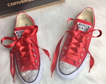 CONVERSE Bling Women's Red Chucks Sneakers With Satin Ribbon Laces