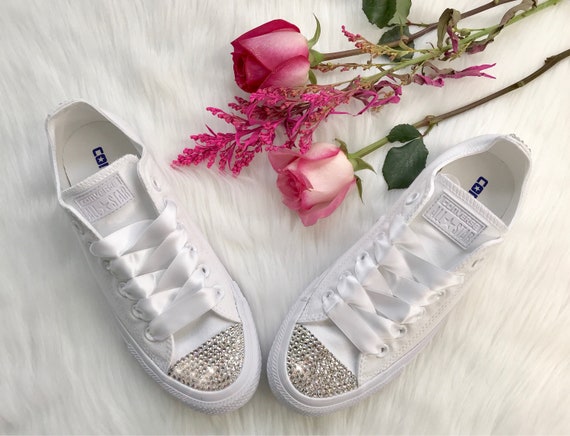 Swarovski Converse women's custom bling chucks with white satin ribbon laces