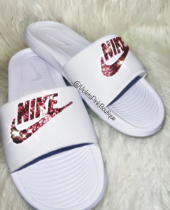 Bling Nike Slides Custom Nike Slides In White Custom With Pink Swarovski Crystals