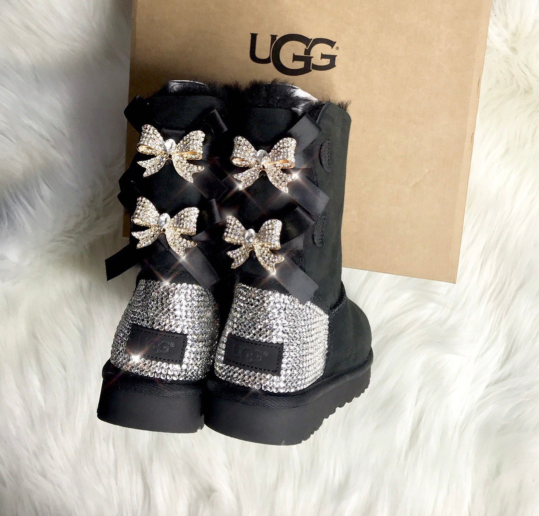UGG MINI BAILEY BUTTON BLING SWAROVSKI CRYSTAL BOOTS GREY