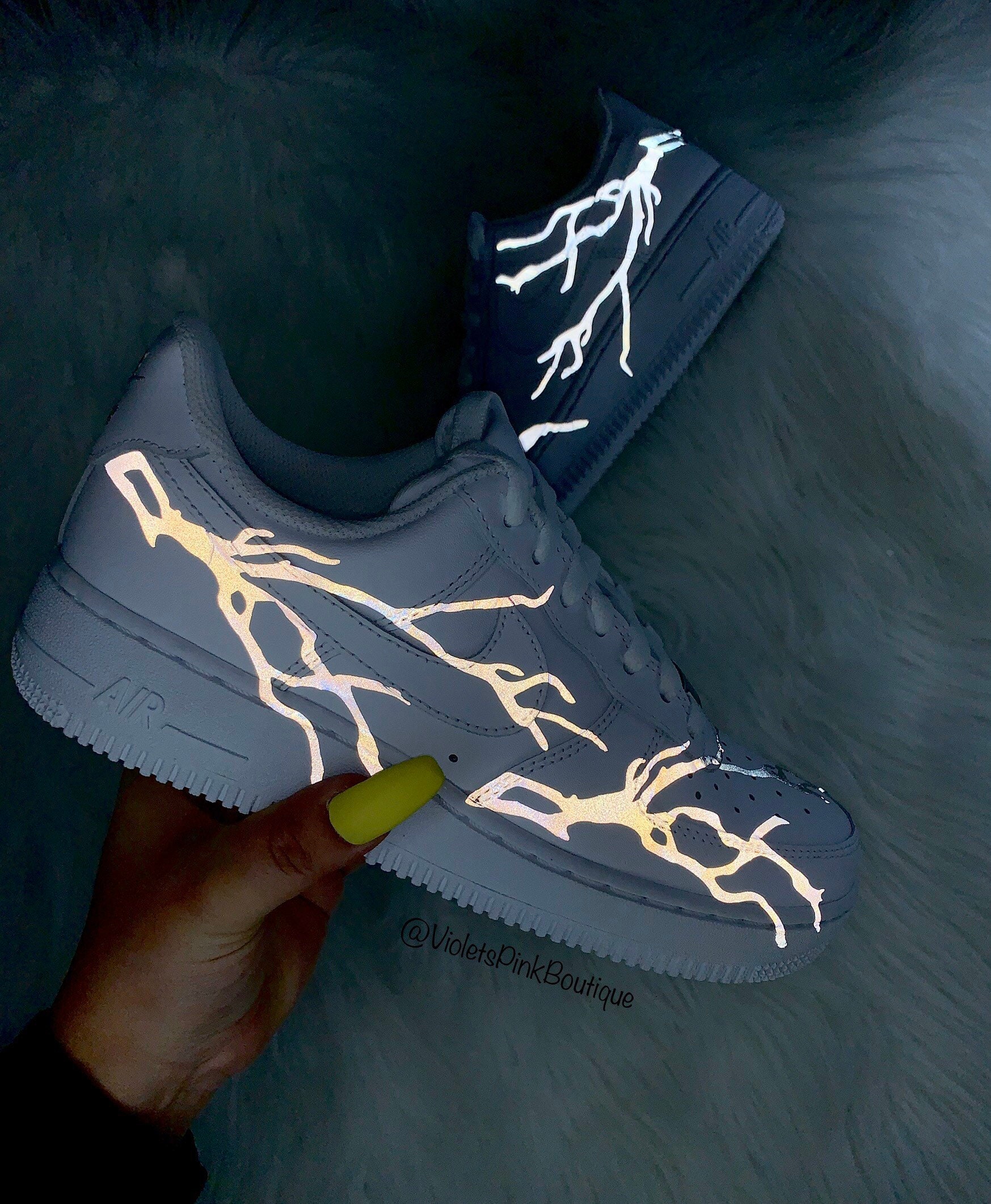 Custom Nike Air Force With Reflective Grey Lightning Bolt Women s White Custom Sneakers Etsy