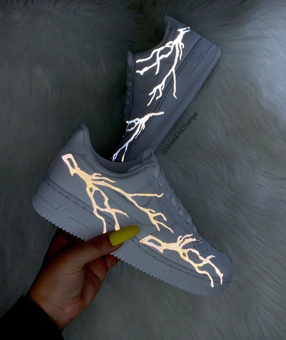 Custom Nike Air Force 1 With Reflective Grey Lightning Bolt  Women's White Custom Sneakers