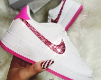 Pink Air Force Custom Swarovski Crystal Shoes Bling Girls Sneakers Rhinestone Pink Nike Women’s Shoes