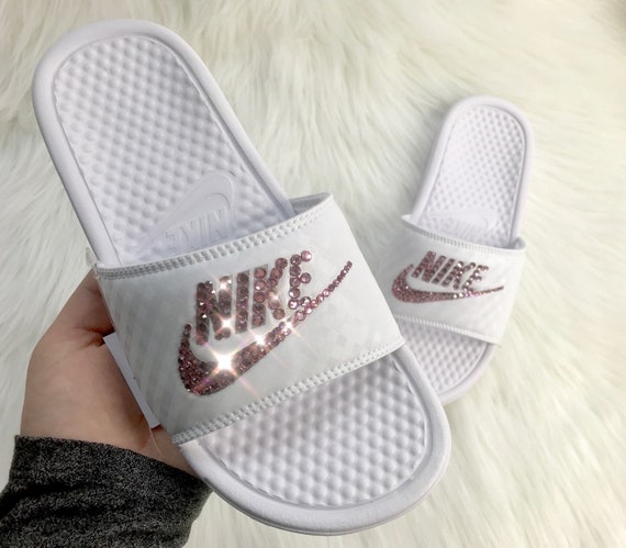 Swarovski Crystal Nike Slides Custom Bling Nike Slides In White Custom With Pink Swarovski Crystals