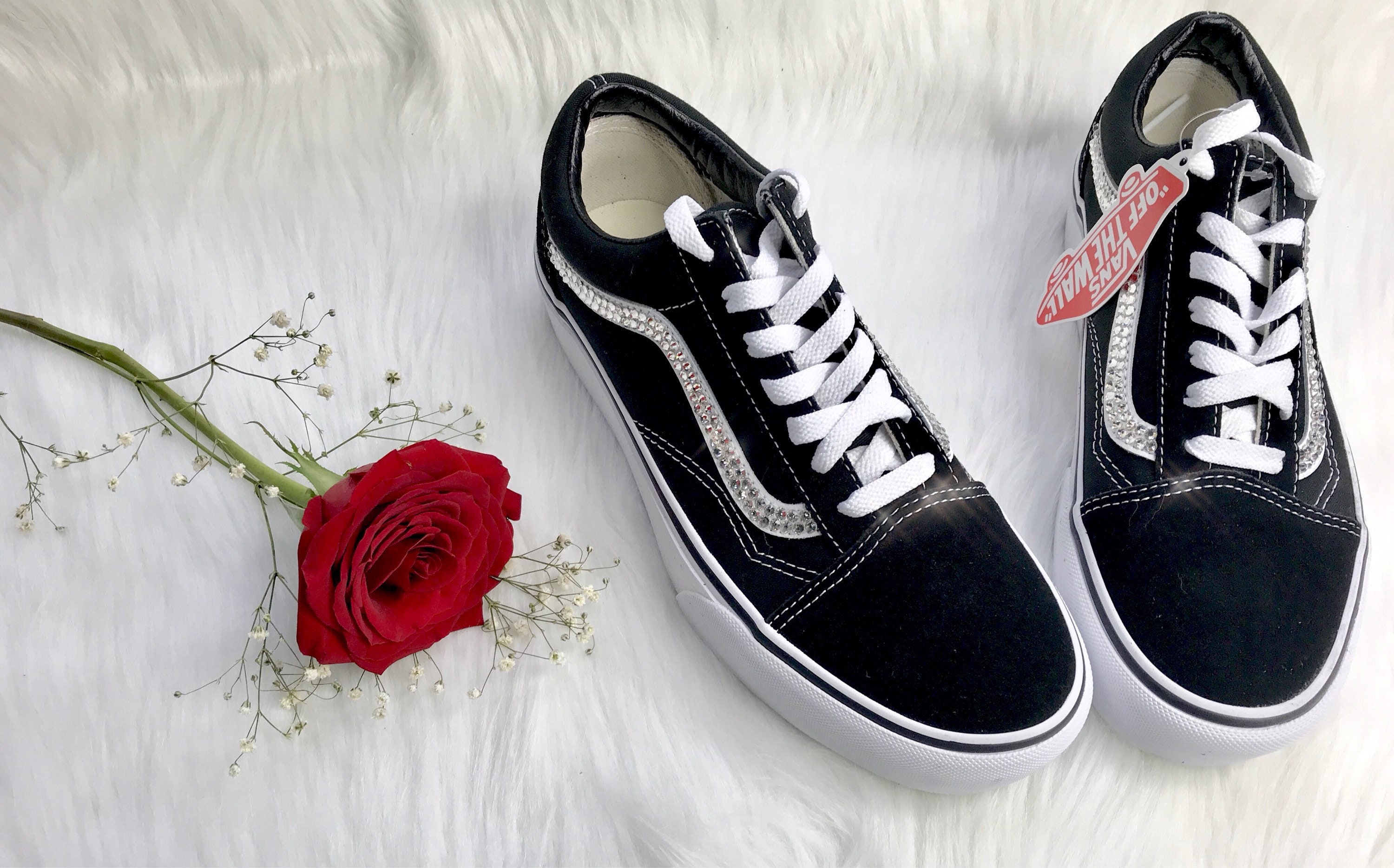 Women's Size 8 - VANS Sk8-Hi Black White Old Skool Skate Shoes Bejewled  Custom