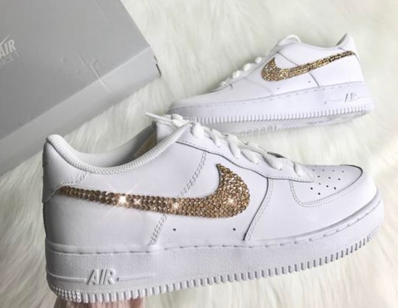 Gold Swarovski Nike Air Force 1 With Swarovski Crystals Women's Bling Custom Sneakers