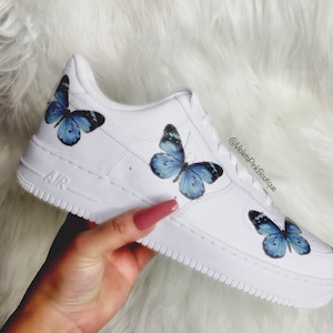 Custom Nike Air Force 1s Blue Butterflies Women&#39;s Custom Butterfly Sneakers On Sale Gifts